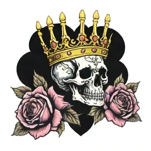 A skull wearing a queen crown surrounded by roses and hearts tattoo design idea