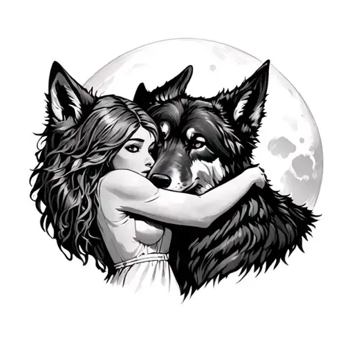 The girl hugs the old wolf against the background of the moon tattoo design idea