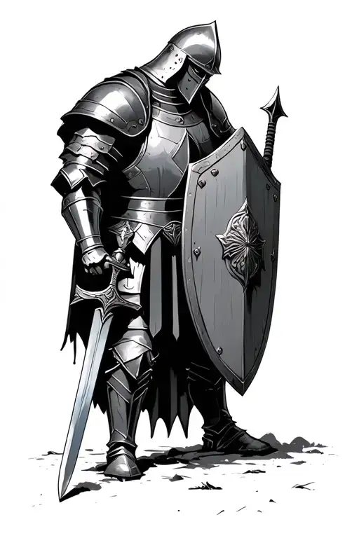 knight in worn armor holding a sword and shield, looking downcast like he lost a brother in arms tattoo design idea