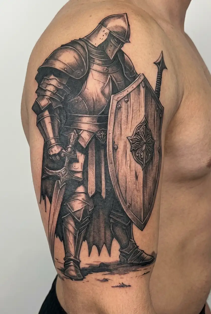 knight in worn armor holding a sword and shield, looking downcast like he lost a brother in arms tattoo design idea
