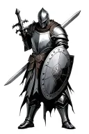 knight in worn armor holding a sword and shield, looking downcast like he lost a brother in arms tattoo design idea