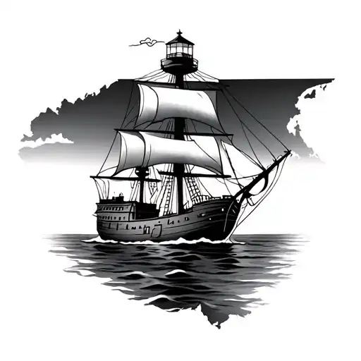 pirate ship state of North Carolina cape hatters lighthouse tattoo design idea