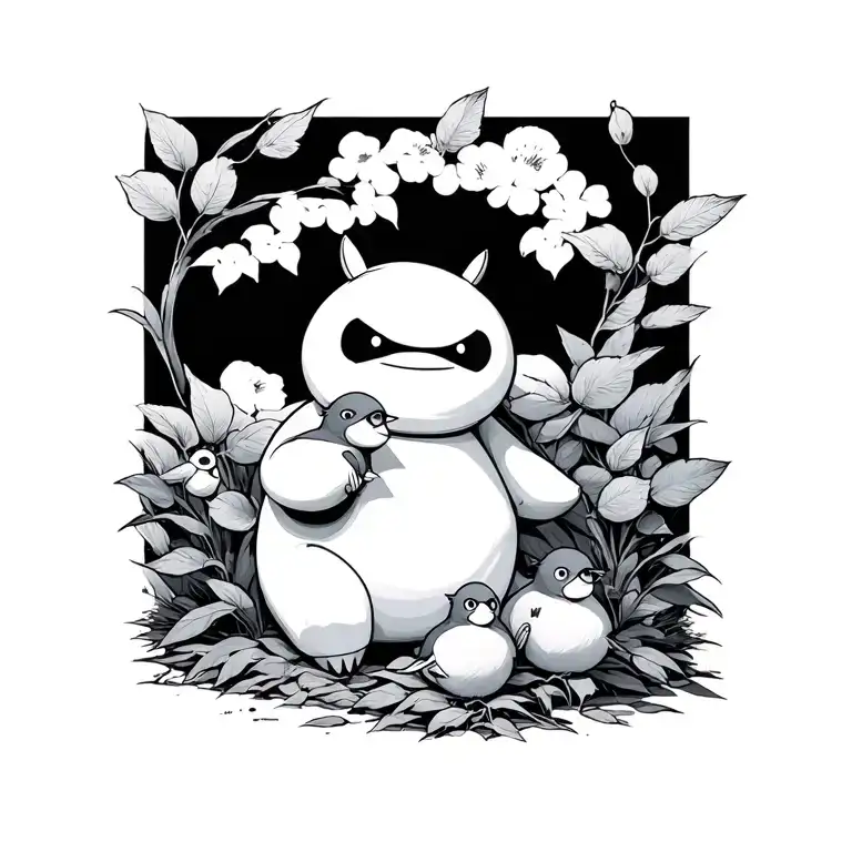 tiny birds sitting and a tiny baymax tattoo design idea