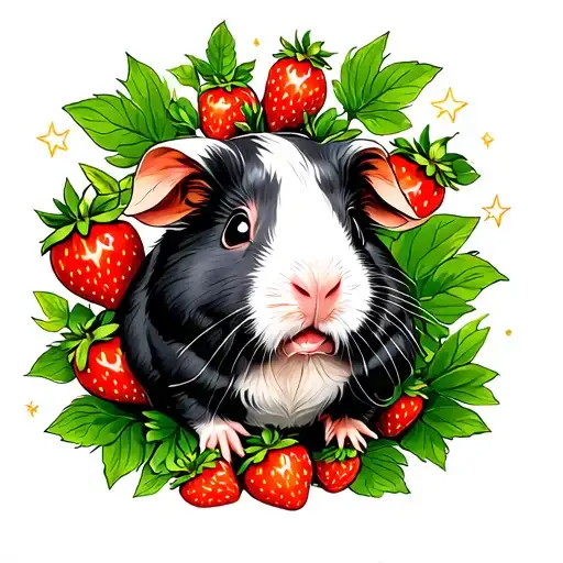 A guinea pig surrounded by strawberry plants with small star details. tattoo design idea