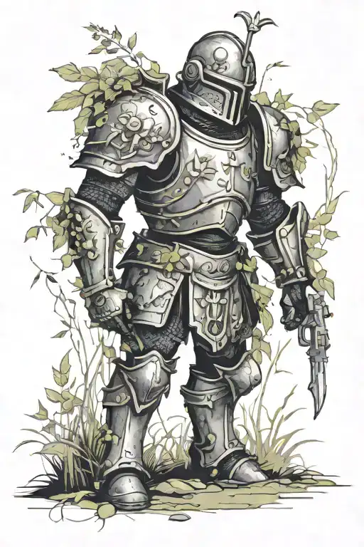 overgrown suit of armour in a long forgotten battlefield scene tattoo design idea