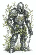 overgrown suit of armour in a long forgotten battlefield scene tattoo design idea