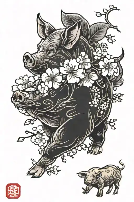 Traditional Japanese-style tattoo of a pig with cherry blossoms, designed for the back of the hand. The pig is detailed  tattoo design idea