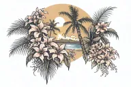 a design with palm trees, sun and bougainvillea flowers tattoo design idea