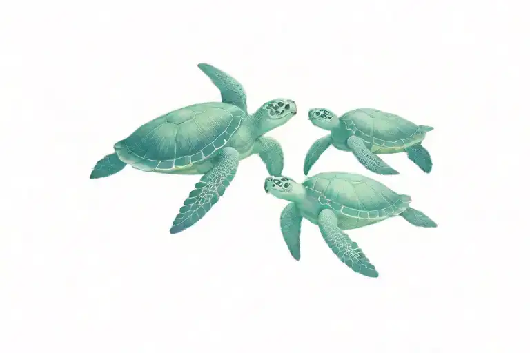 family of 3 sea turtle swimming tattoo design idea