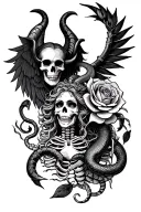 The design includes a combination of a devil, wings, a skeleton, a snake, a scorpion,rose and Medusa. tattoo design idea