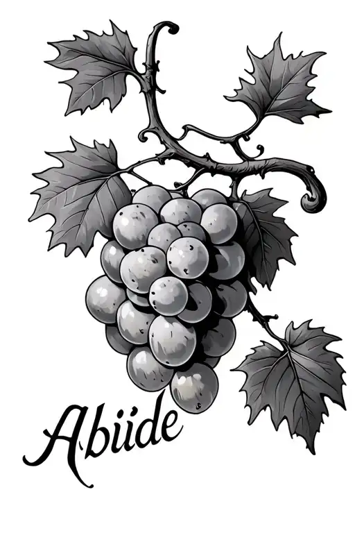 Black and white Tattoo of grape vine with Abide written intertwined as part of vine tattoo design idea