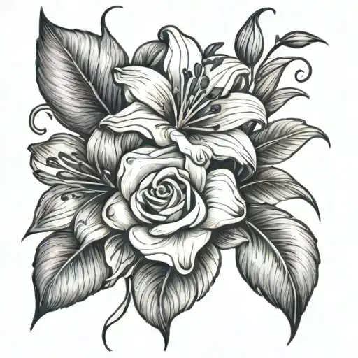roses, gardenias, lilies and lavender flower tattoo design idea