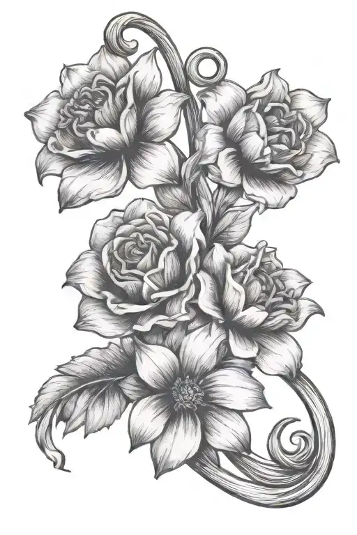 a tiny bundle of three flowers tied together by string curving slowly left  tattoo design idea