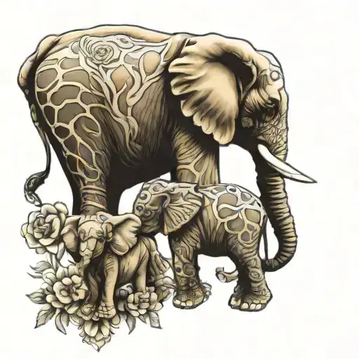 baby elephant next to baby giraffe and baby lion tattoo design idea