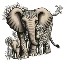 baby elephant next to baby giraffe and baby lion tattoo design idea