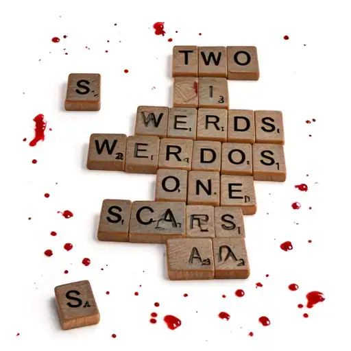 bloody, scattered scrabble tiles that says Two Weirdos, One Scrapbook: The Saga of Stu & Amanda tattoo design idea