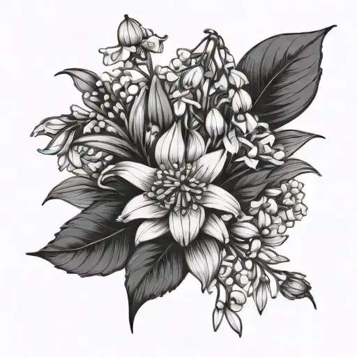 family bouquet, Lilly of the valley, aster, daffodil and chrysanthemum, minimalistic  tattoo design idea