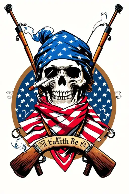skull smoking a cigarette wearing american flag bandana with fishing poles tattoo design idea