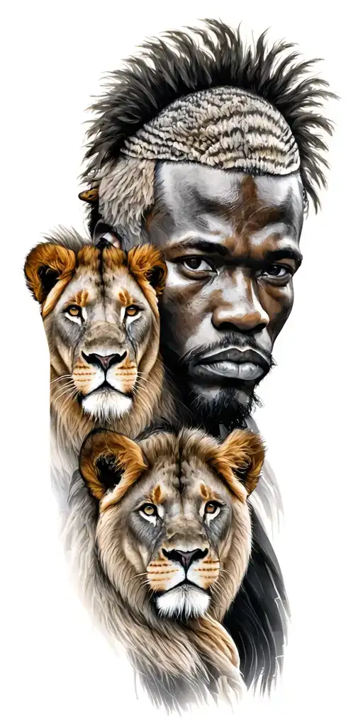 African man and lions tattoo design idea