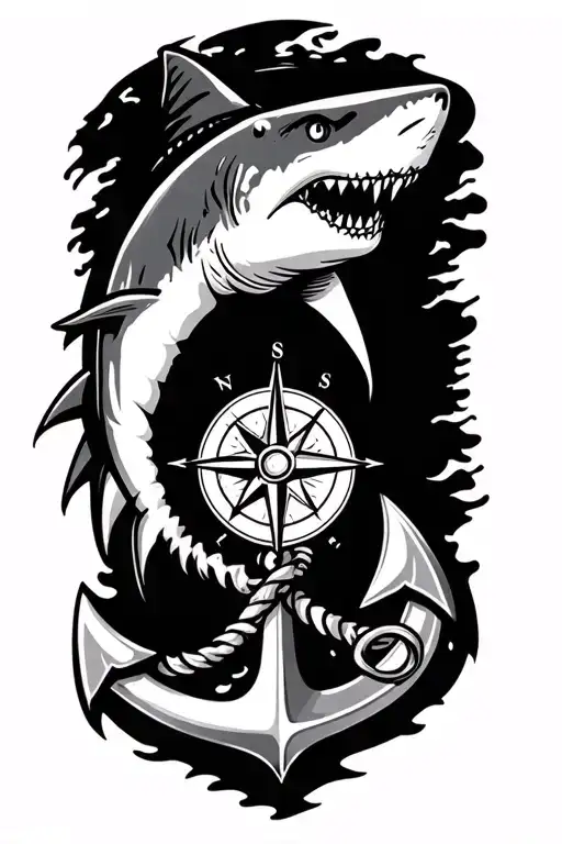 boat anchor and compass shark emerging tattoo design idea