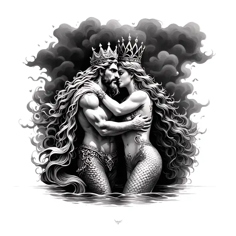 KING NEPTUNE AND MERMAID HUGGING tattoo design idea