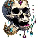 skull with open mouth with jewels coming out of the mouth.  tattoo design idea