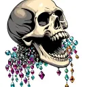skull with open mouth with jewels coming out of the mouth.  tattoo design idea