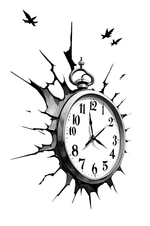 broken clock with numbers flying away tattoo design idea