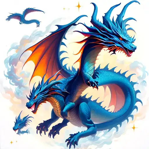 Large dragon flying with smaller dragons flying around it, add smoke and stars, feminine fine shading  tattoo design idea