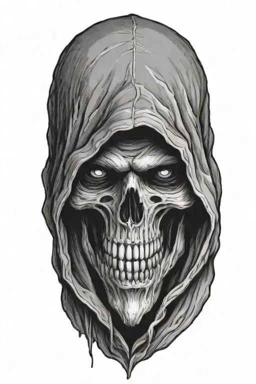 hooded reaper half body hiding face tattoo design idea