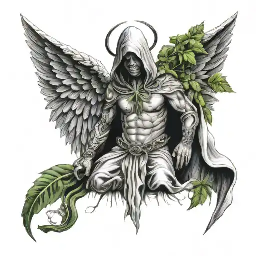 hooded angel warrior with weed leaf intertwined tattoo design idea