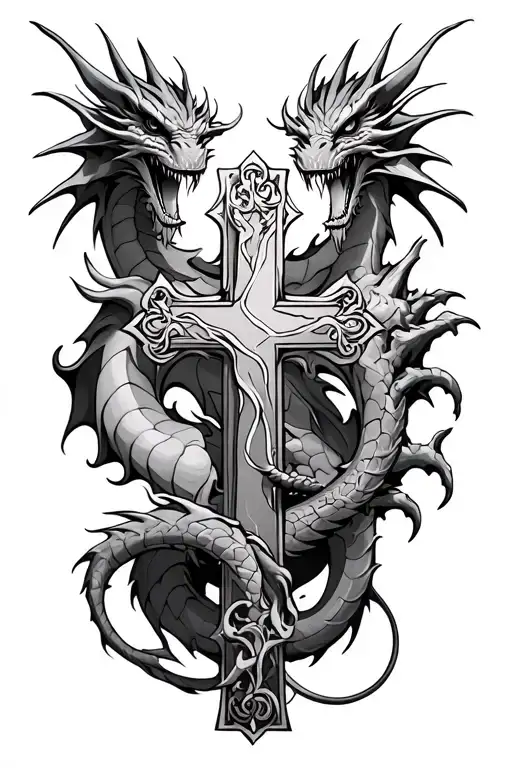 Dragon who meandered around a Christian cross tattoo design idea