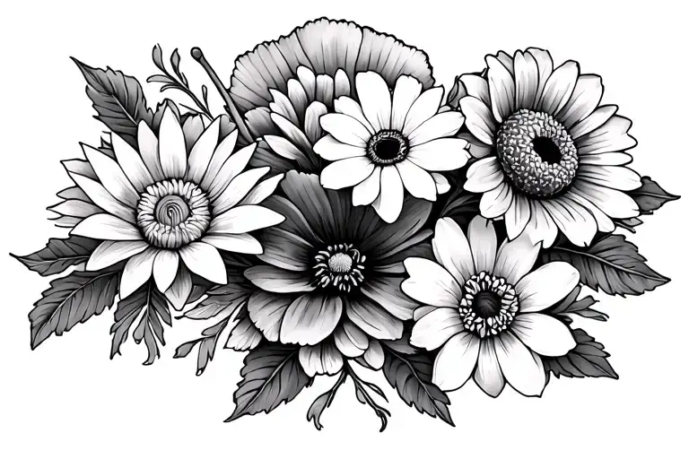 below knee tattoo with a band of flowers of two waterlillies, one poppy, one daisy, and one chrysanthemum tattoo design idea