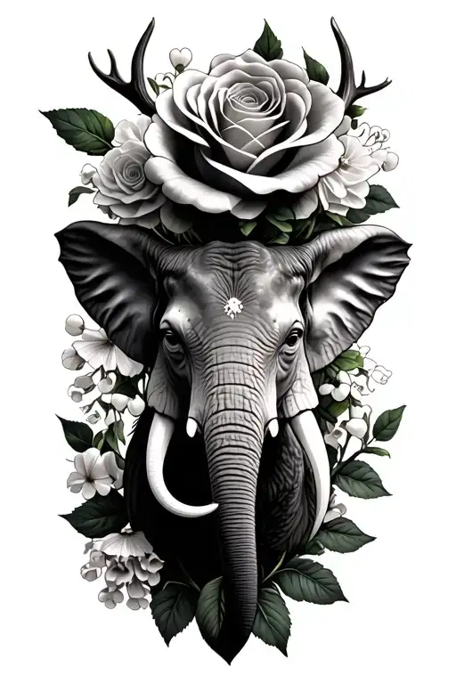 big roses, lilly of the valley, marigold, small elephant head, deer antlers, clock tattoo design idea