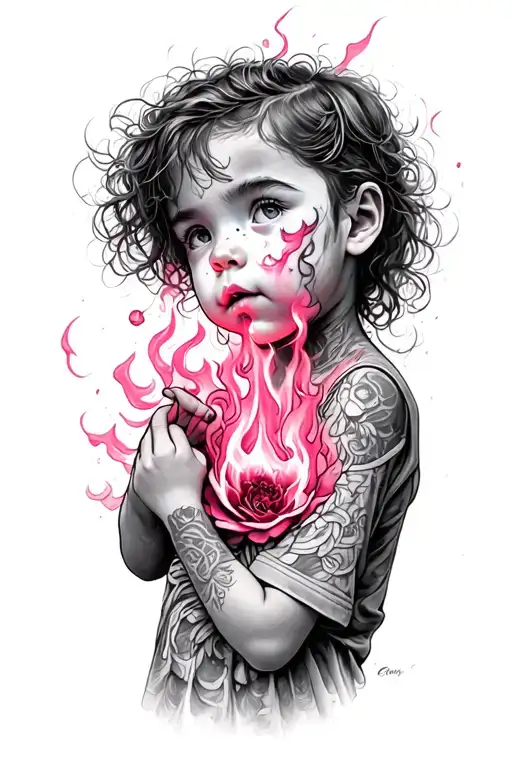 inner child trying to save burning adult and pinks try tattoo design idea