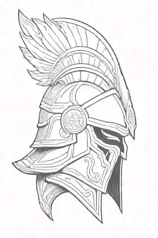 the geek god ares, traditional Greek helmet in a 3/4 view facing camera lens tattoo design idea