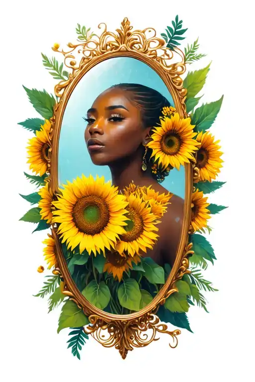 Oshun with sunflowers and mirror tattoo design idea