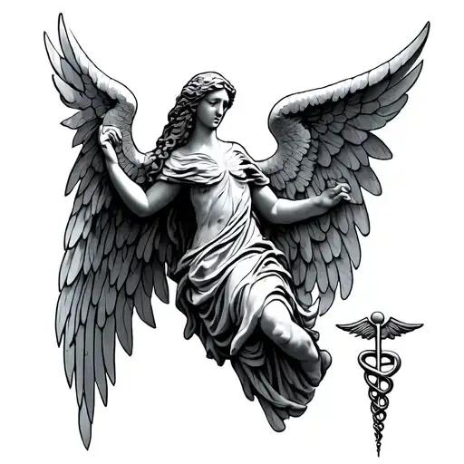 weeping angel and caduceus symbol combined tattoo design idea