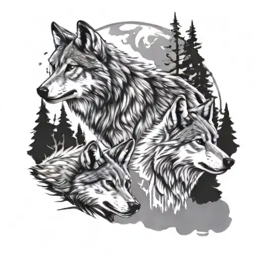 Sketch on a white background, a wolf, a she-wolf and three wolf cubs against the backdrop of a forest and the moon tattoo design idea