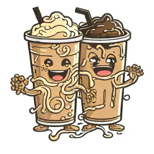 Two Cartoons iced coffees holding hands With and black tattoo design idea