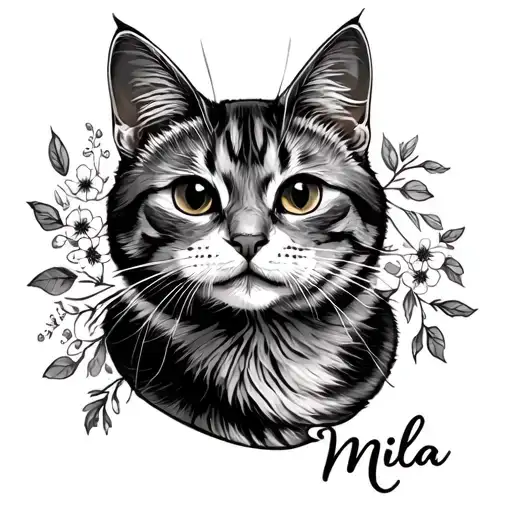 Cat name Mila name in cursive tattoo design idea