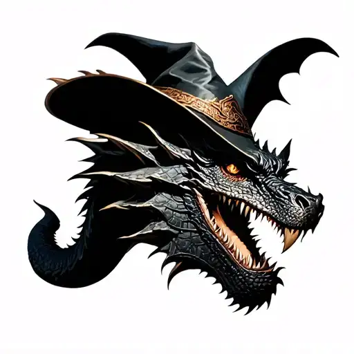 The character of the Lord of the Rings Saeron with his own hat on his dark dragon in the style of Wash Gray and fully realism tattoo design idea