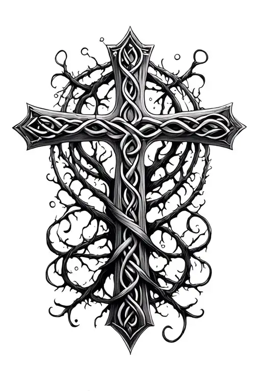 poison tree wrapping around a celtic cross  tattoo design idea