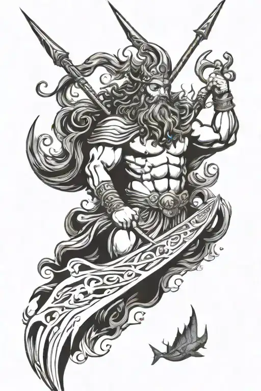 poseidon in the ocean holding a trident  tattoo design idea