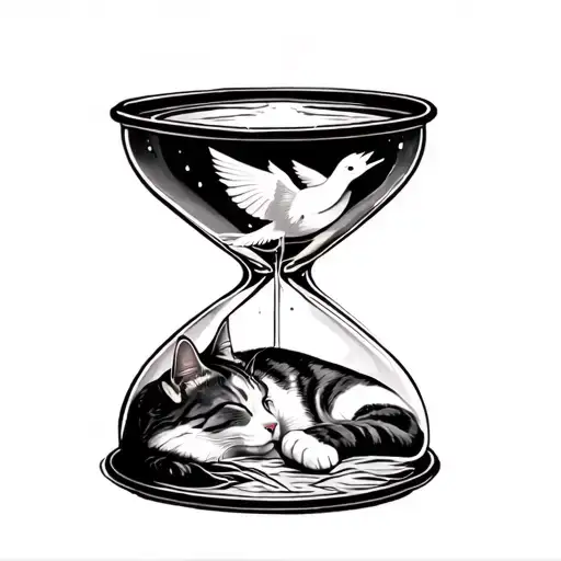 cat sleeping in bottom section of hourglass and translucent birds in upper section tattoo design idea