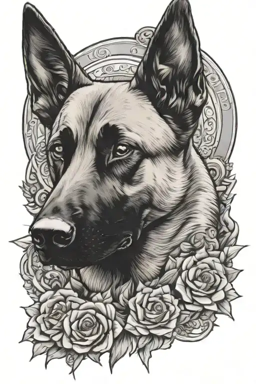 Malinois dog / dominant animal and elements representing tattoo design idea