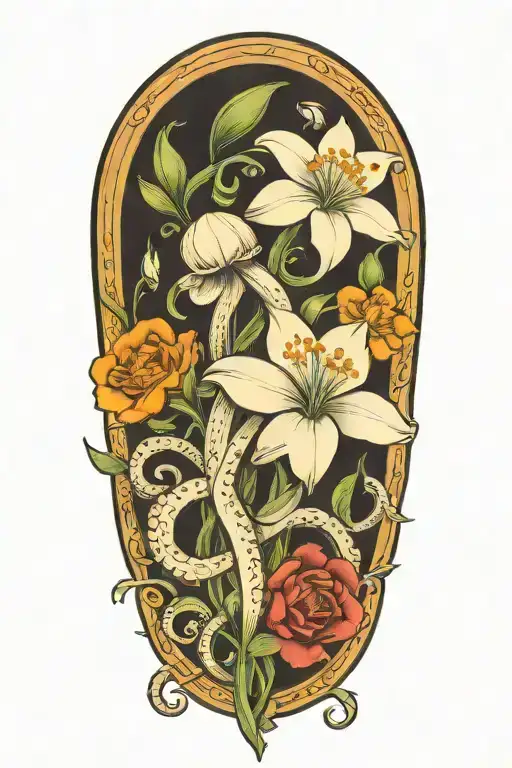 snowdrop, rose, marigold, octopus tentacles tattoo design idea