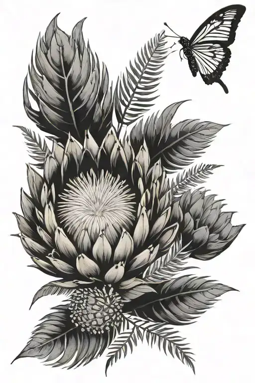 Protea and silver fern tattoo design idea