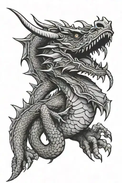 A digital drawing of a tattoo stencil that covers the entire leg from thigh to ankle. motif of a scaly Dragon in a majes tattoo design idea