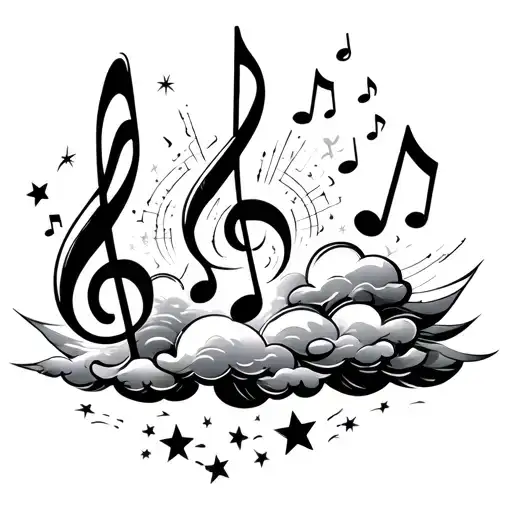 stars music notes shooting into sky clouds  tattoo design idea